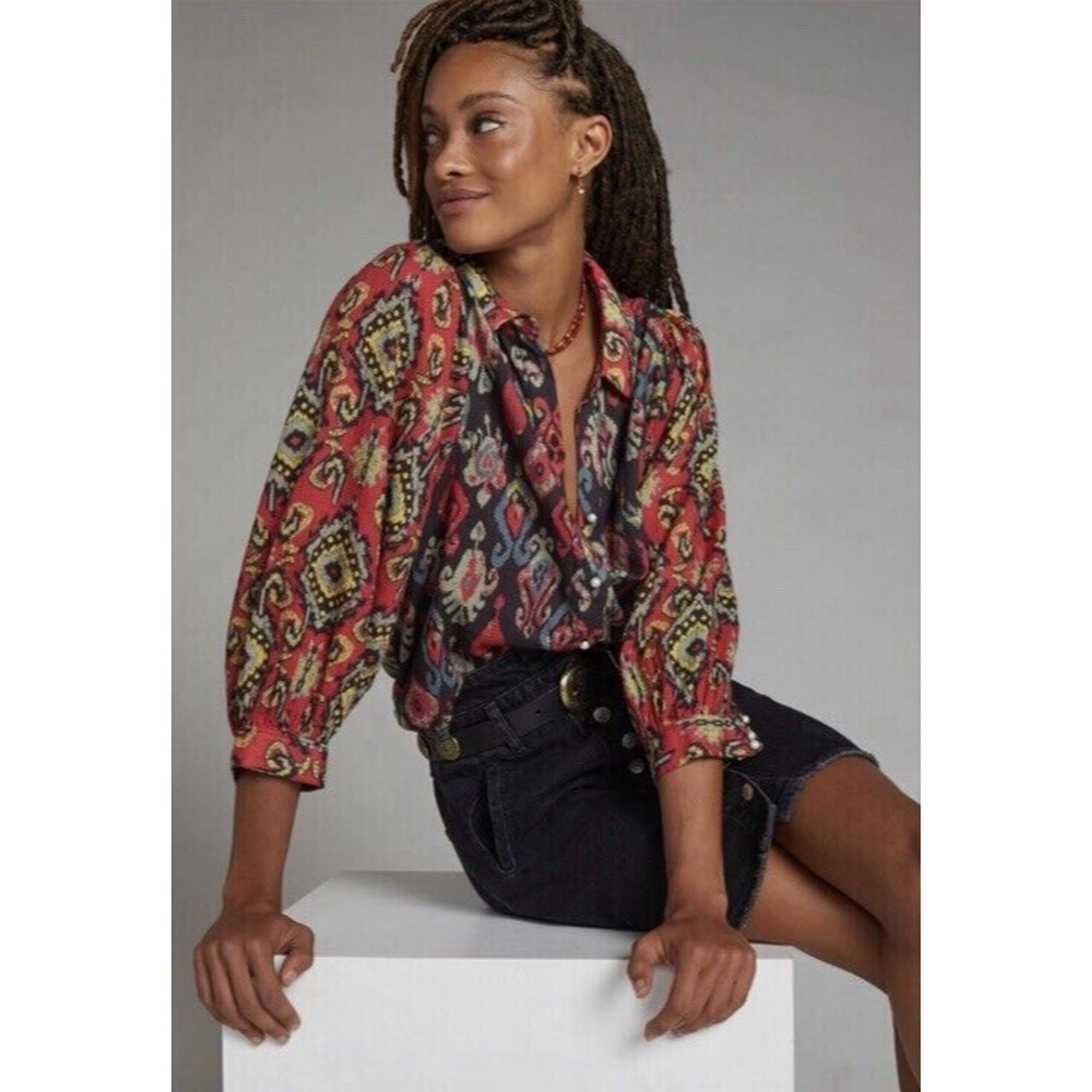 Anthropologie Forever That Girl Ikat Paisley Contrast Print Top Button Blouse XS - Picture 1 of 16